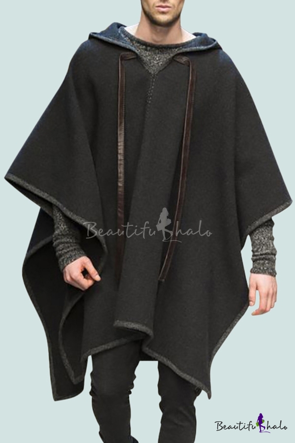 Mens Cape Coat Stylish Contrast Trim Woolen Cloth Asymmetric Hem Loose ...