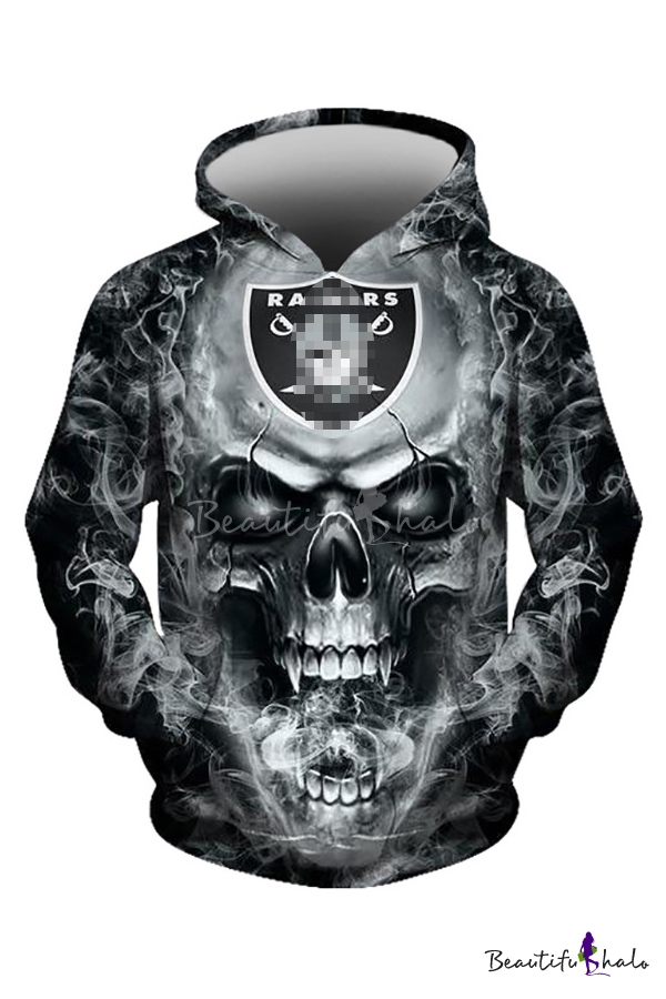 X-Future Men Long Sleeve Skull Printed Hip-hop 3D Pullover Sweatshirt Hoodie with Pockets 