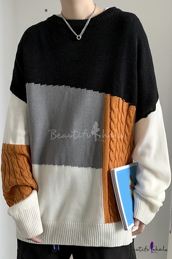 Mens Sweater Unique Contrast Cable-Knit Detail Rib Trim Round Neck Long Sleeve Loose Fit Sweater 