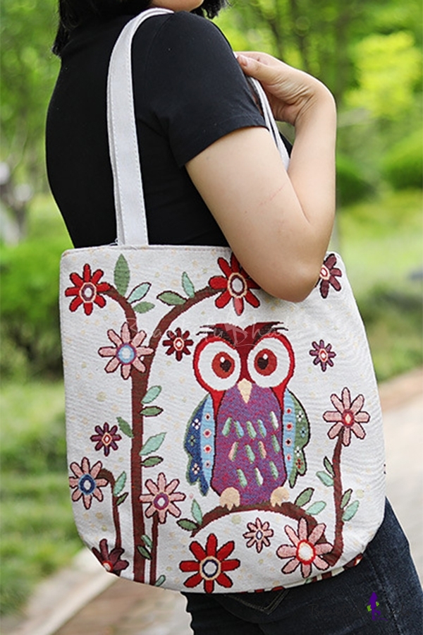 New Owl Pattern Strong Hand Made Woven Canvas Shopping/Large Bag Zip Blue Beige 