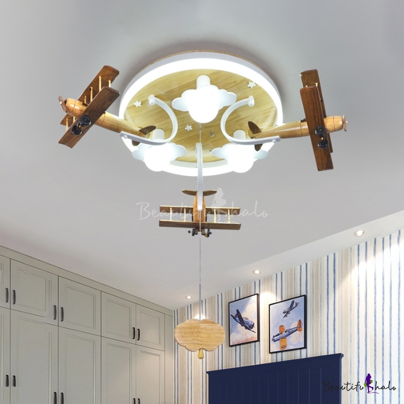 Wooden Biplane Ceiling Light Fixture Creative 3 Head Pull Chain Flush Mount Lighting In Yellow Beautifulhalo Com - 3 Light Ceiling Fixture With Pull Chain