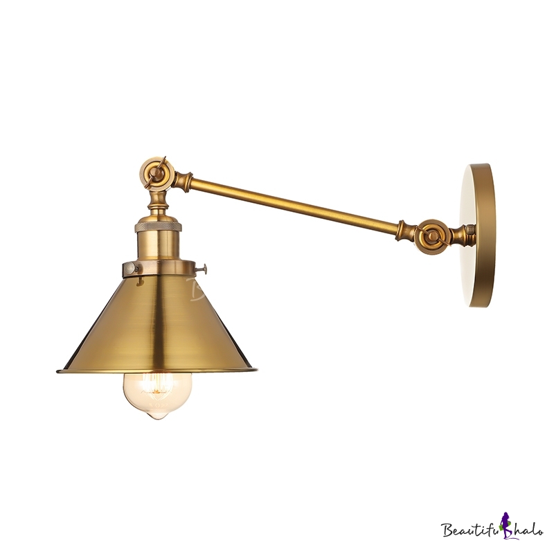 Brushed Brass Finish 1 Light Wall Sconce With Cone Shade For Barn Warehouse