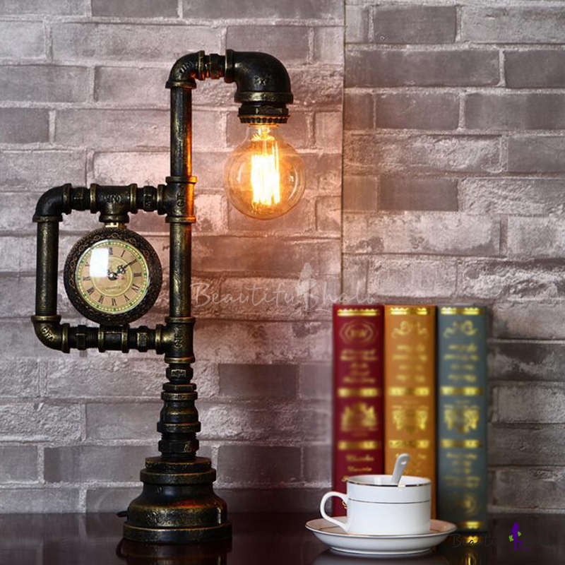 Bronze Iron Table Light Pipe Clock 1 Light Industrial Style Nightstand ...