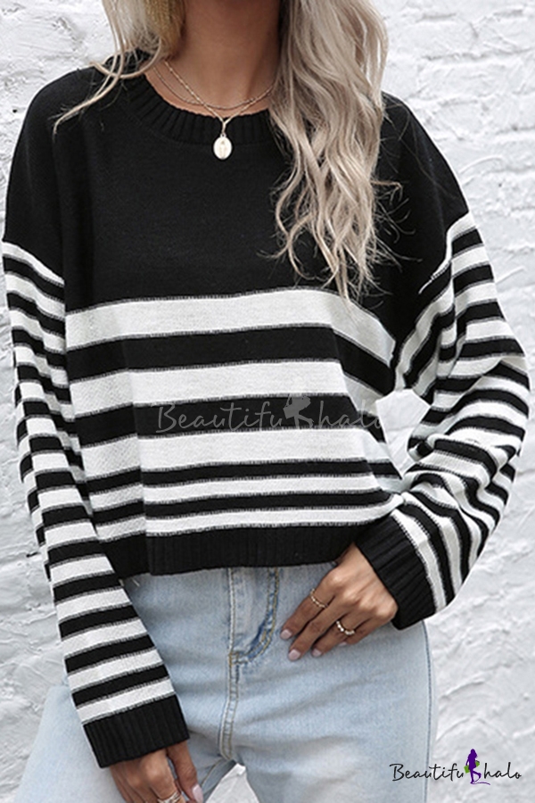 Vintage Womens Sweater Contrast Stripe Pattern Regular Fitted Crew Neck Long Drop-Sleeve Bottoming Sweater 