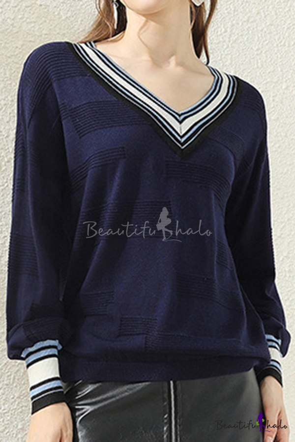 Classic Womens Sweater Contrast Stripe Trim Loose Fitted V Neck Long Sleeve Sweater 