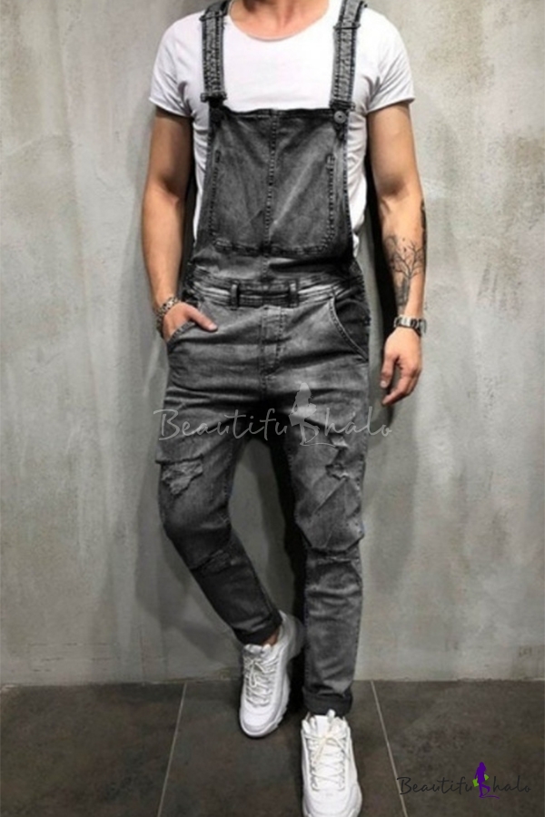 Cool Destroyed Ripped Detail Mens Fitted Denim Overalls Jumpsuits ...