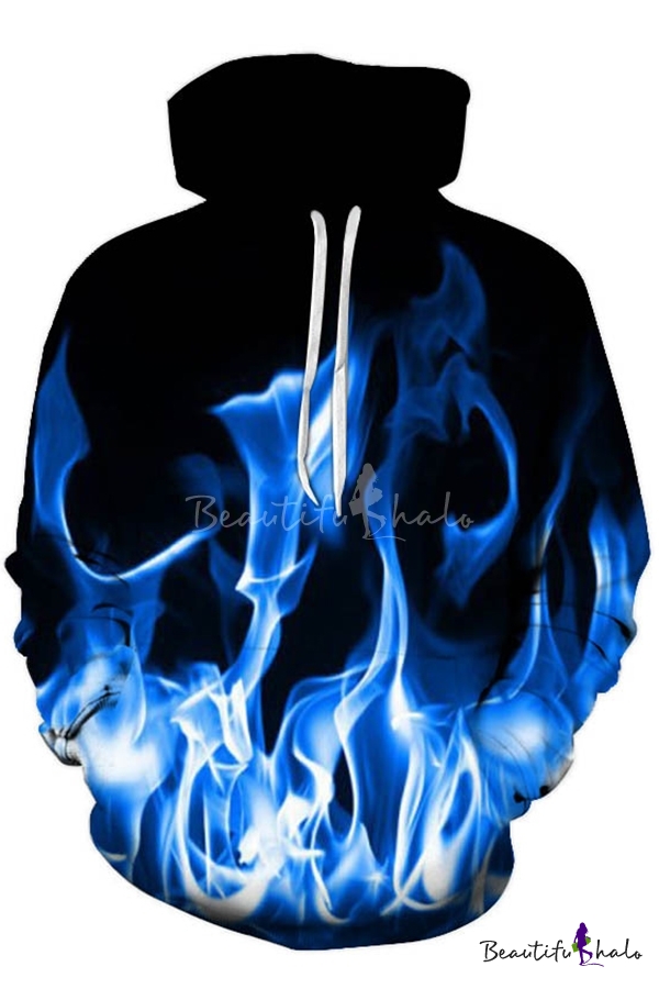 3D Blue Fire Printed Long Sleeve Unisex Hoodie - Beautifulhalo.com