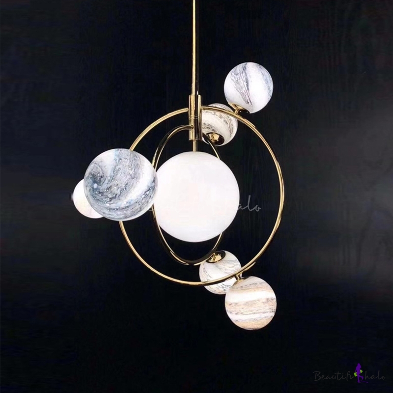 Stained Glass Solar System Chandelier Post-Modern 7 Bulbs Gold Hanging