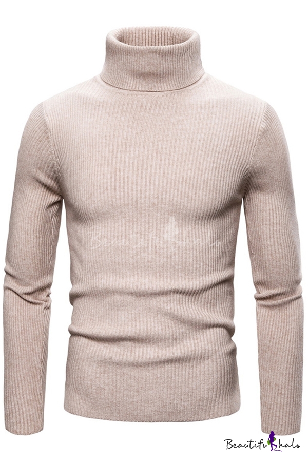 Basic Men's Sweater Ribbed Knit Solid Color Heathered High Neck Long ...
