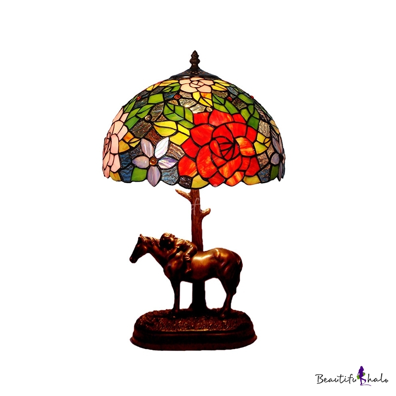 Resin Horse Nightstand Lamp Tiffany 1-Bulb Coffee Table Light with Dome ...