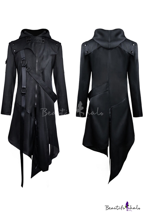 Goth Mens Coat Long Sleeve Hooded Zipper Straps Asymmetric Hem Longline ...