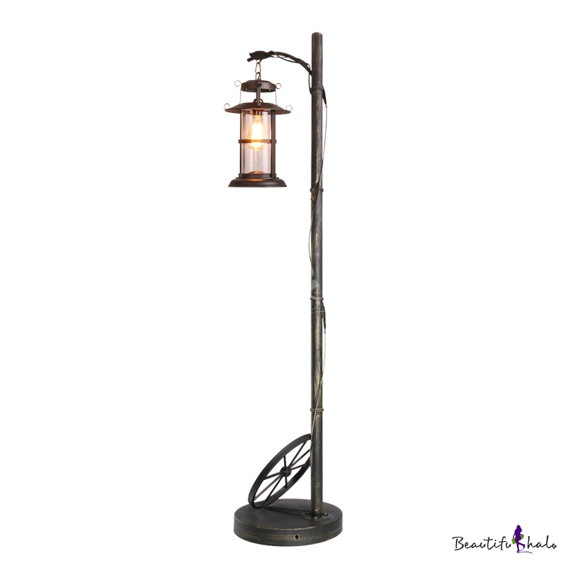 Antiqued Brass Lantern Floor Light Nautical Clear Glass Single Living Room Standing Lamp with