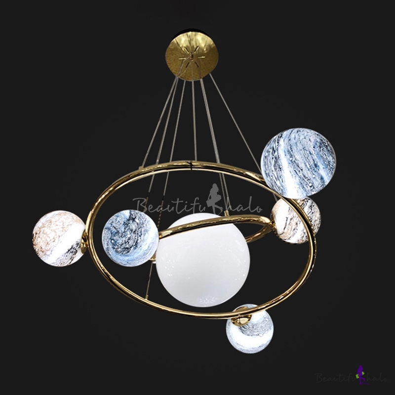 Stained Glass Solar System Chandelier Post-Modern 7 Bulbs Gold Hanging