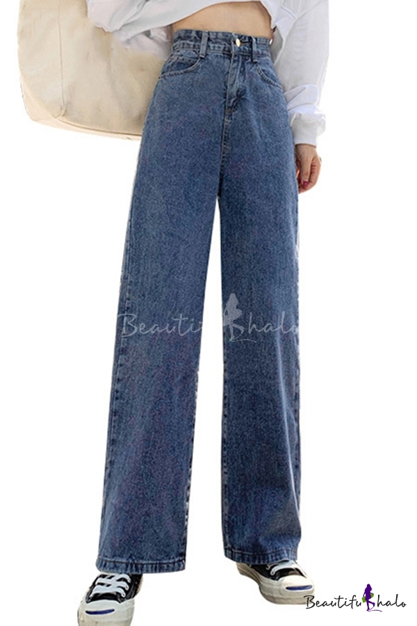 Popular Womens Jeans Solid Color High Waist Long Length Wide-leg Jeans ...