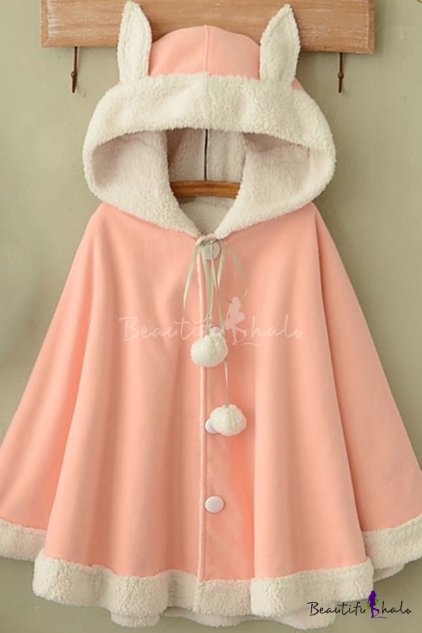 PAQOZ Womens Cute Contrast Rabbit Ear Hooded Fuzzy Coat Winter Warm Jacket Outerwear 