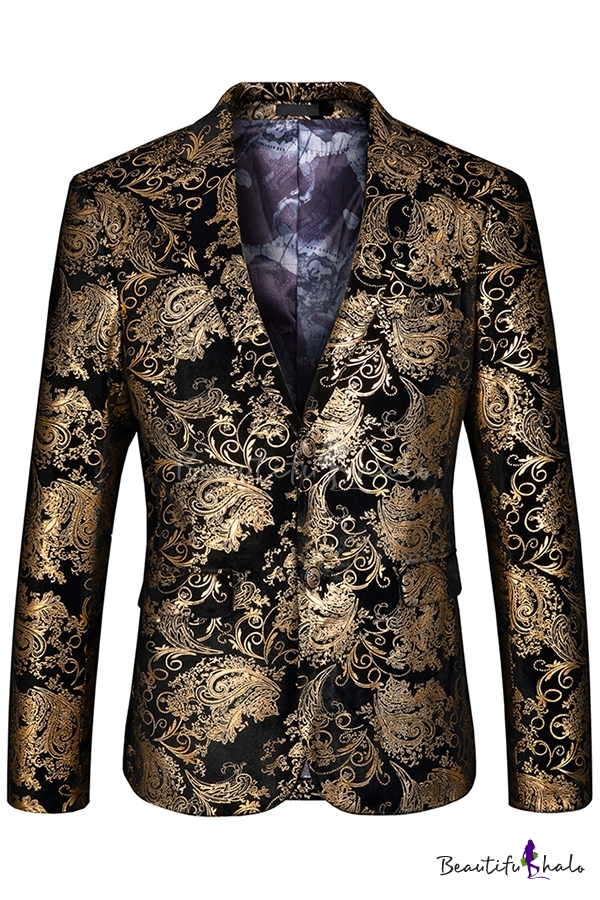 Mens Popular Black and Gold Floral Print Long Sleeve Double Button ...