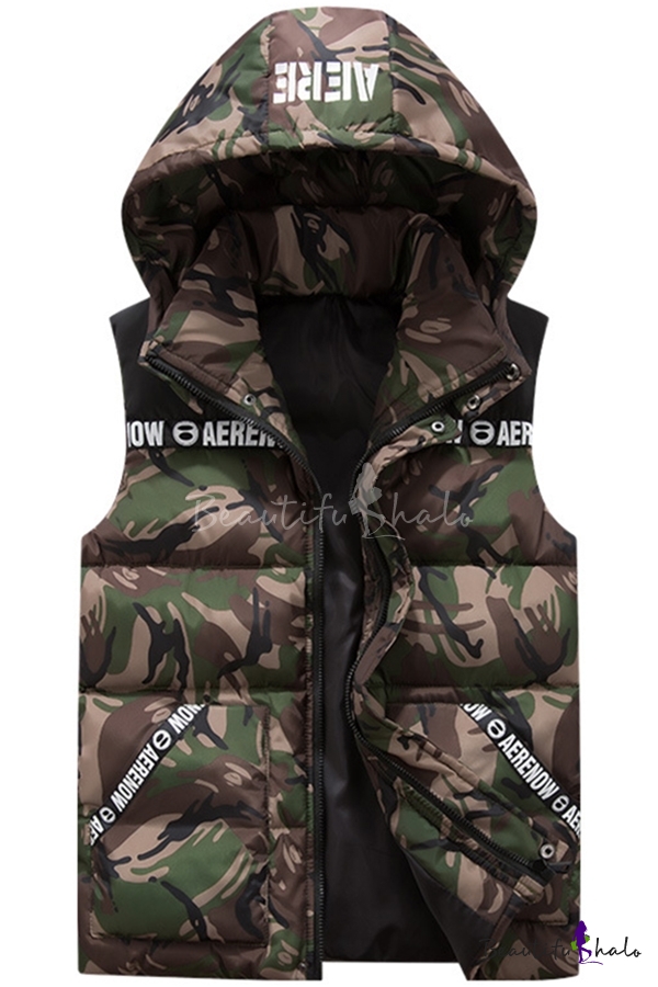 Suncolor8 Men Hooded Winter Sleeveless Camo Print Quilted Down Puffer Vest Jacket Outerwear 