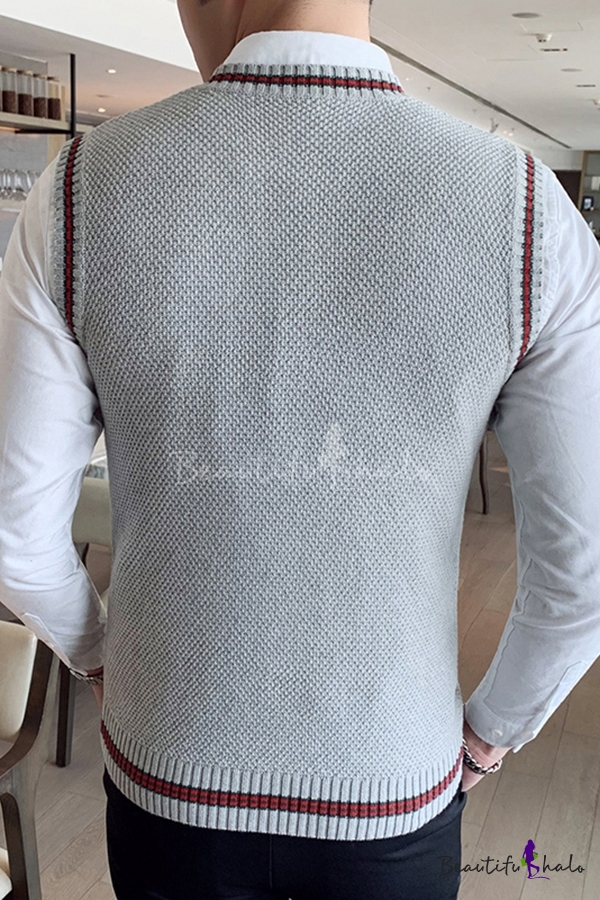 Stylish Men's Knit Vest Contrast Stripe Pattern Ribbed Trim V Neck