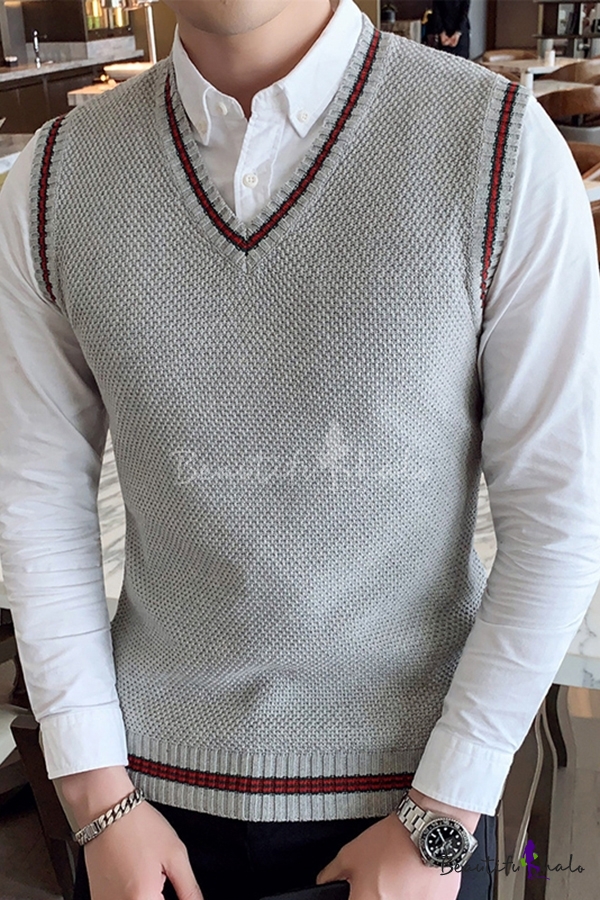 Stylish Men's Knit Vest Contrast Stripe Pattern Ribbed Trim V Neck ...