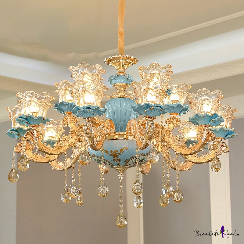 Glam Vintage Flower Chandelier Carved Glass Suspension Light in Blue ...