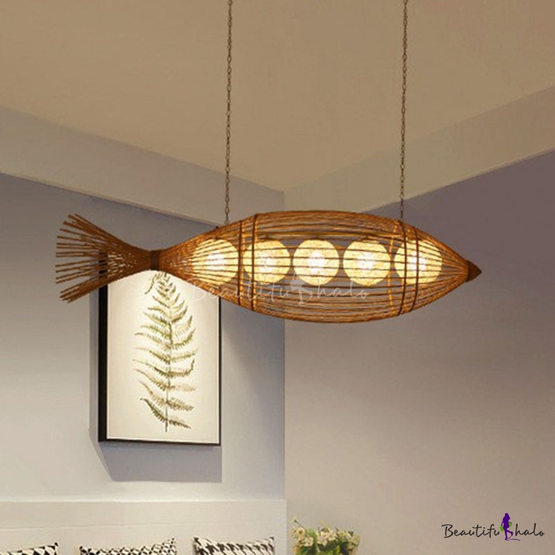 Fish-Shaped Woven Ceiling Lamp Asia Bamboo Wood Chandelier Lighting for ...