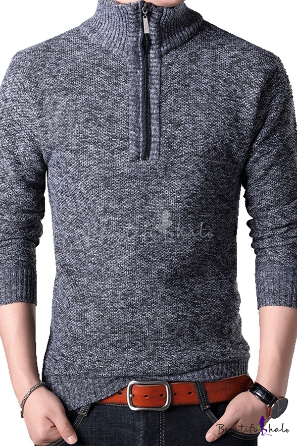 Fancy Men's Sweater Heathered Zip Detail Ribbed Trim Heathered Long ...