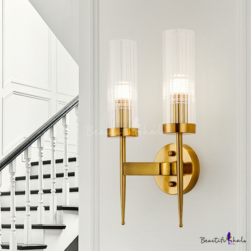 Tubular Fluted Glass Sconce Light Postmodern Gold Finish Wall Mount ...