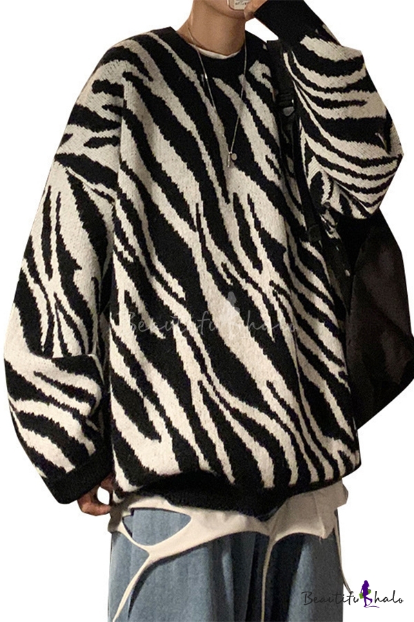 Classic Mens Sweater Contrast Trim Zebra Stripe Pattern Long Drop-Sleeve Relaxed Fit Crew Neck Sweater 