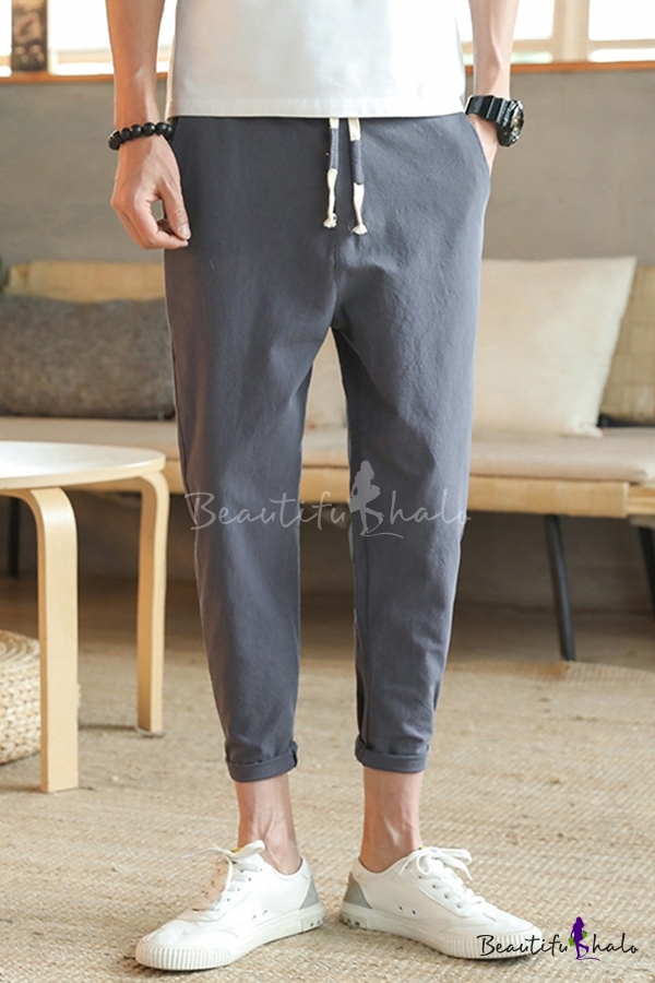 Casual Men's Pants Solid Color Drawstring Waist Rolled Hem Ankle Length ...
