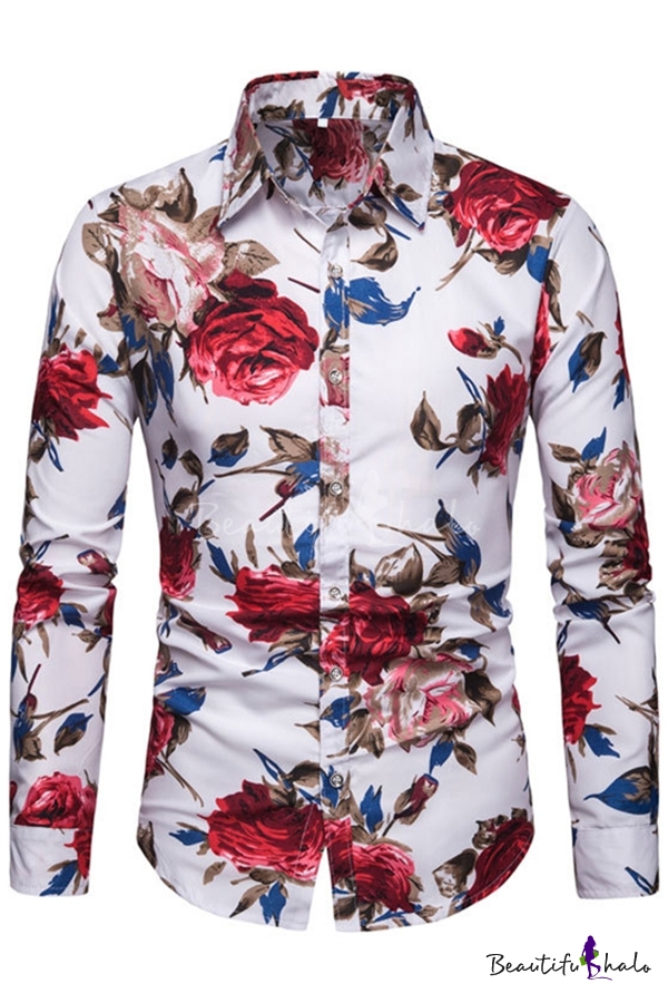 Lutratocro Men Print Floral Leisure Turn Down Long Sleeve Button Up Shirts
