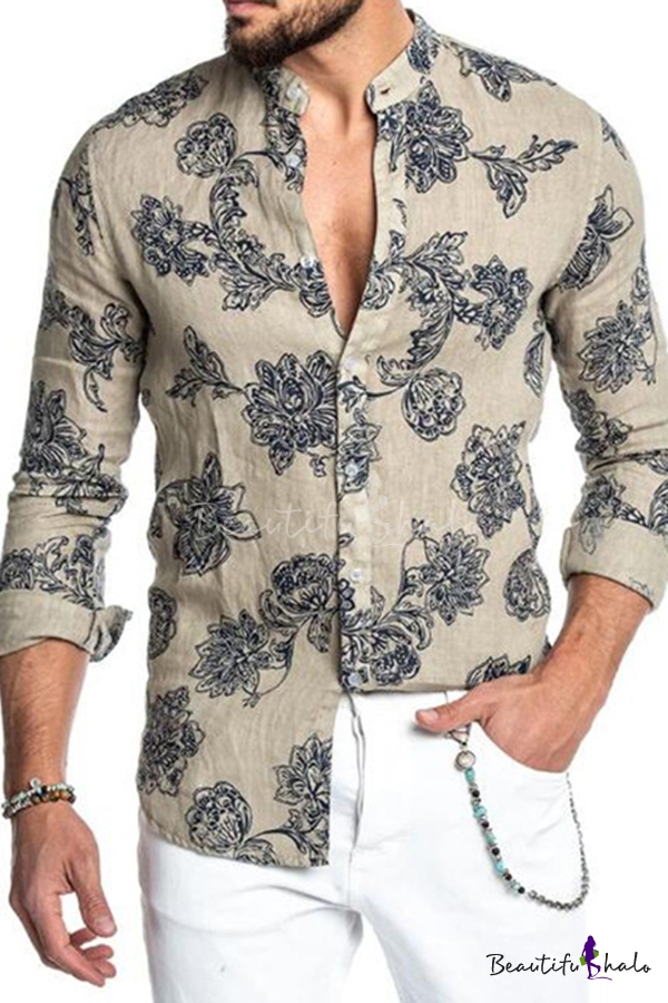Bkolouuoe Mens Long Sleeve Shirt Casual Floral Printed Slim Fit Lapel Button Down Dress Shirts