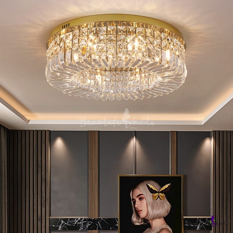 Modern Style Drum Shaped Flush Mount Light Crystal 10 Light Ceiling 