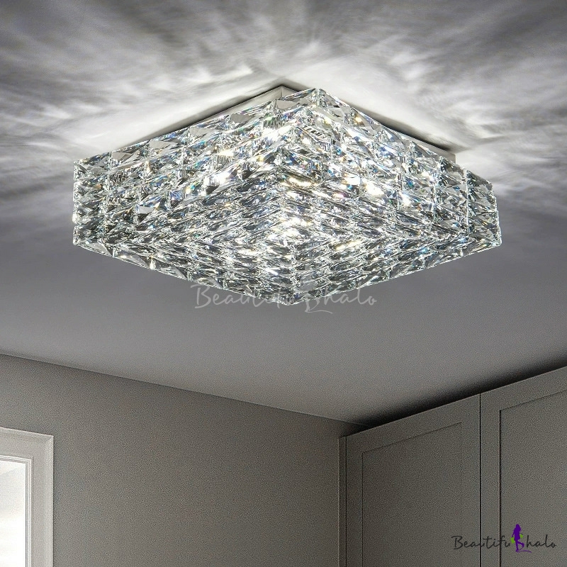 Square Led Semi Flush Mount Ceiling Light Modern Crystal Flushmount Lighting For Bedroom