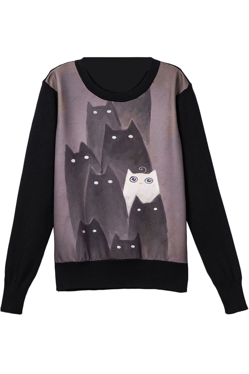 

Cartoon Print Long Sleeve Round Neck Pullover Sweatshirt, Black