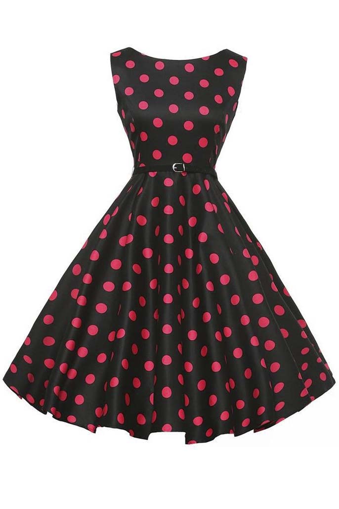 

Sleeveless Vintage Polka Dot Dress with Belt, Black