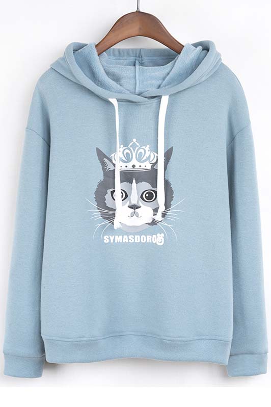 

Cute Preppy Style Cat Print Hooded Dropped Long Sleeve Hoodie, Blue