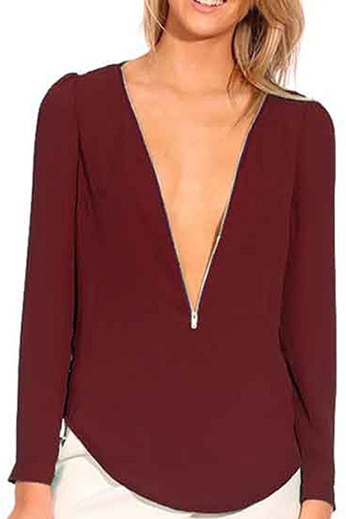 

Women's Chiffon Long Sleeve V Neck Zipper Shirt Blouse, Red