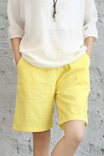 

New Stylish Casual Elastic Waist Plain Shorts with Two Pockets, Yellow