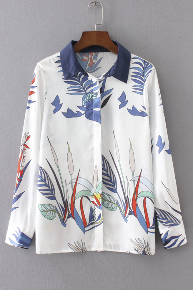 

Women's Contrast Lapel Collar Floral Print Long Sleeve Casual Shirt, White