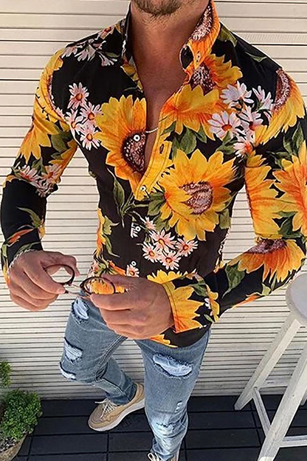 WSPLYSPJY Mens Dress Shirts Mens Sunflower Print Lapel Shirt Long Sleeve Shirt Top