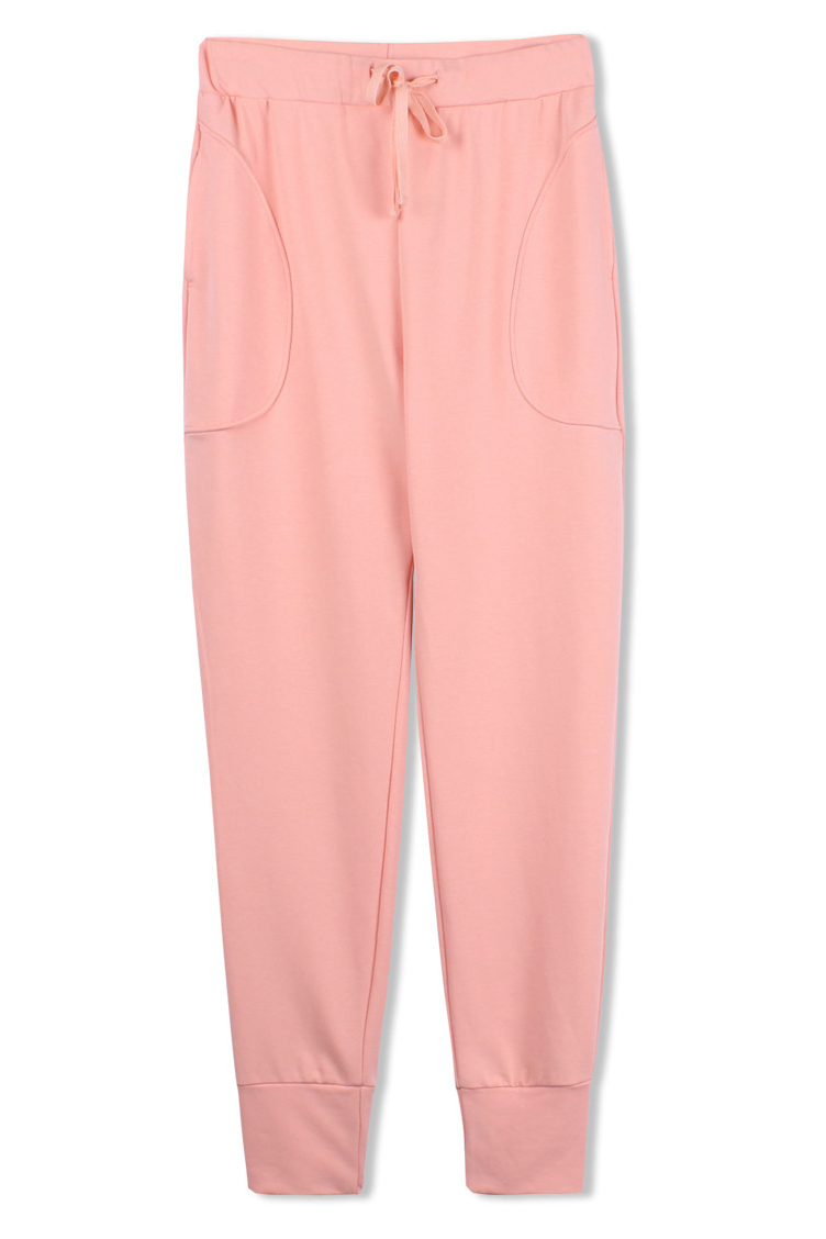 

Plain Drawstring Waist Loose Tapered Double Pockets Pants, Pink
