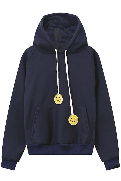 

New Sad Face Drawstring Hooded Long Raglan Sleeve Hoodie with One, Blue