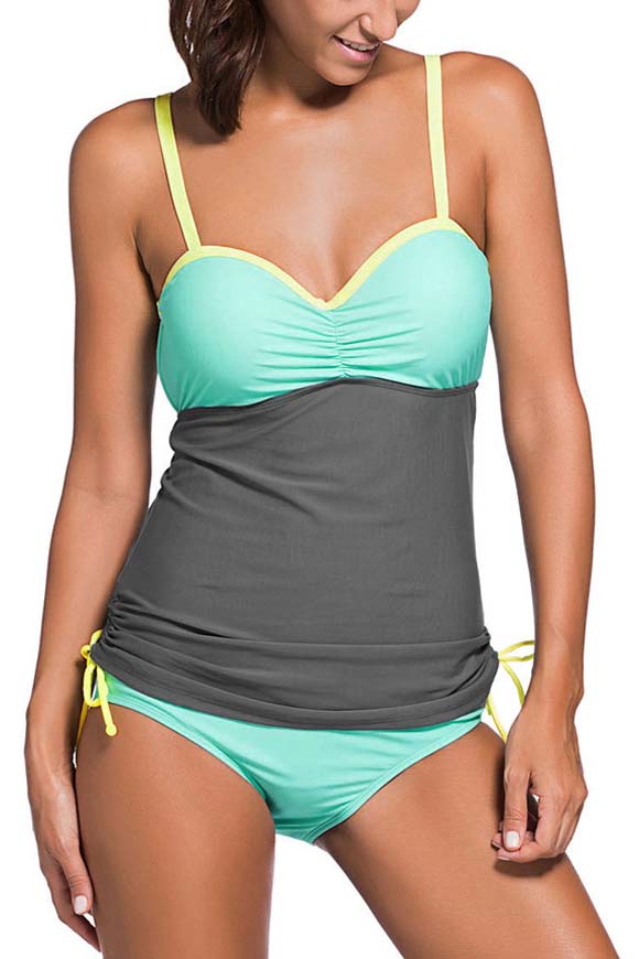 

Women's Color Block Spaghetti Straps String Sides Tankinis Swimwear, Gray