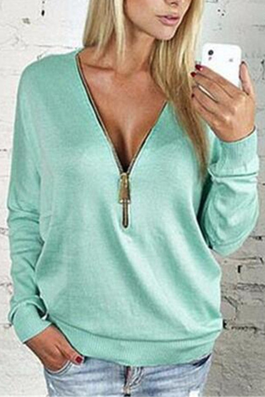 

New Stylish Zipper Front V-Neck Long Sleeve Plain Zip Up Pullover, Green