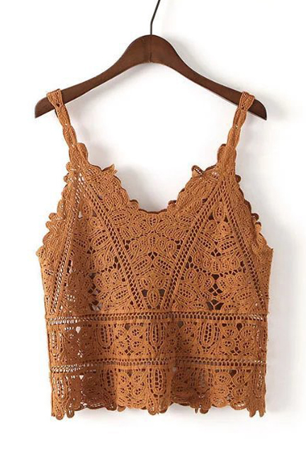 

New Fashion V-Neck Spaghetti Straps Hollow Out Crochet Cami Top, Khaki
