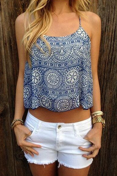 

Summer's Leisure Tribal Printed Spaghetti Straps Cropped Cami Top, Blue