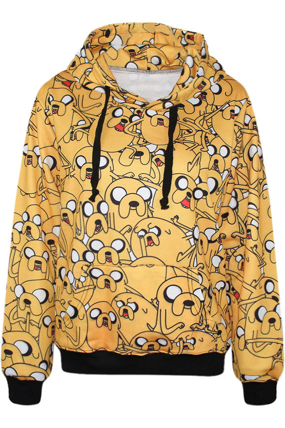 

Adventure Time Theme Print Hooded Pullover with Pocket Front, Yellow