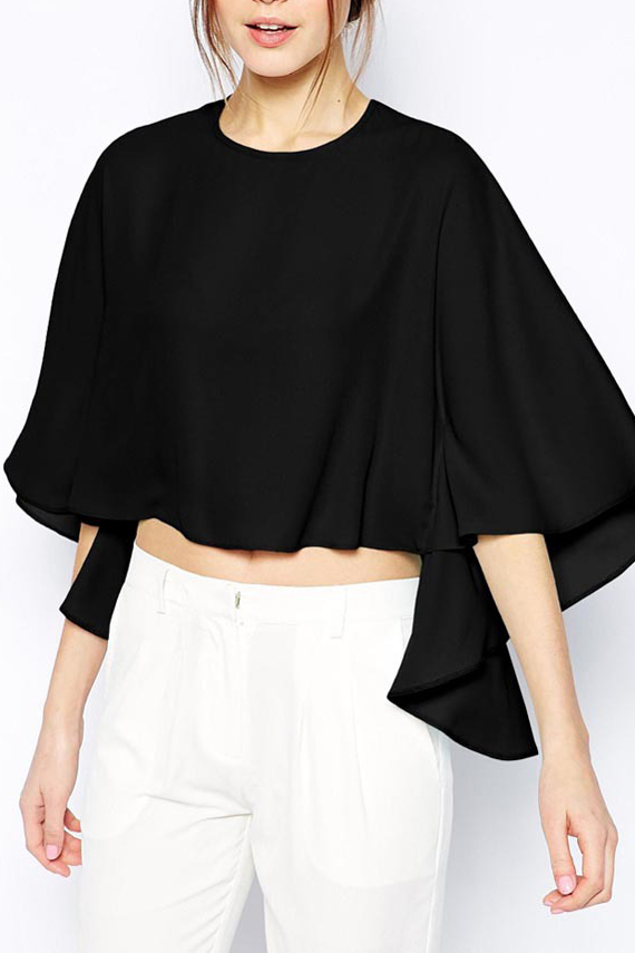 

Black Round Neck Batwing Crop Asymmetrical Blouse