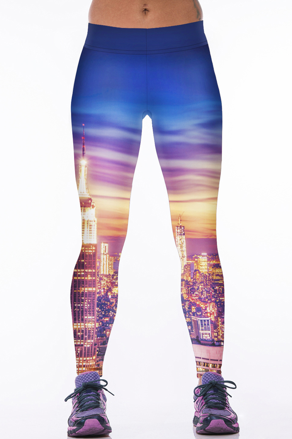 

Sunset & City Print Elastic Waist Stretch Yoga Leggings, Blue