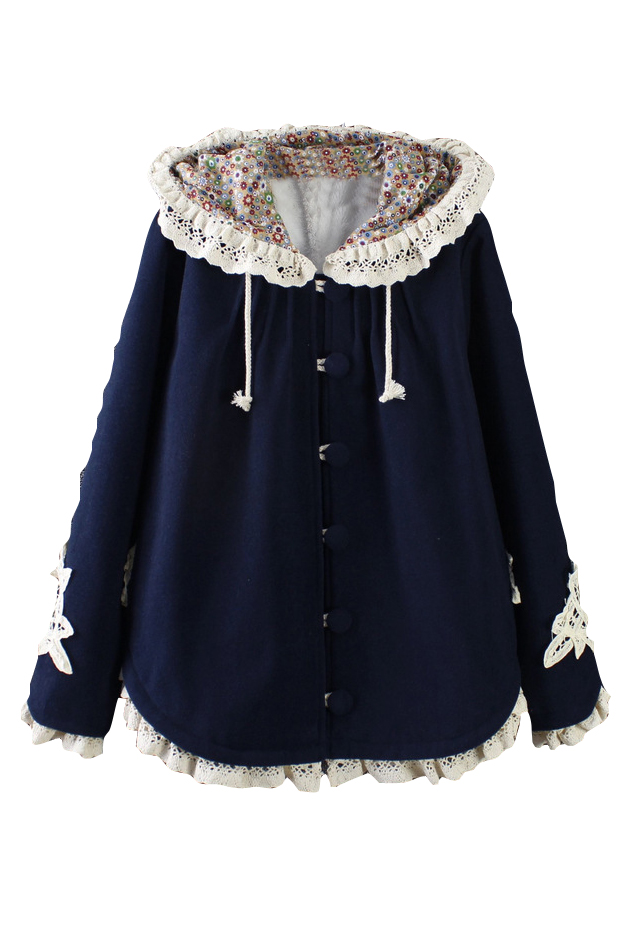 

Hooded Single Breasted Lace Patchwork Plain Loose Cape, Dark blue